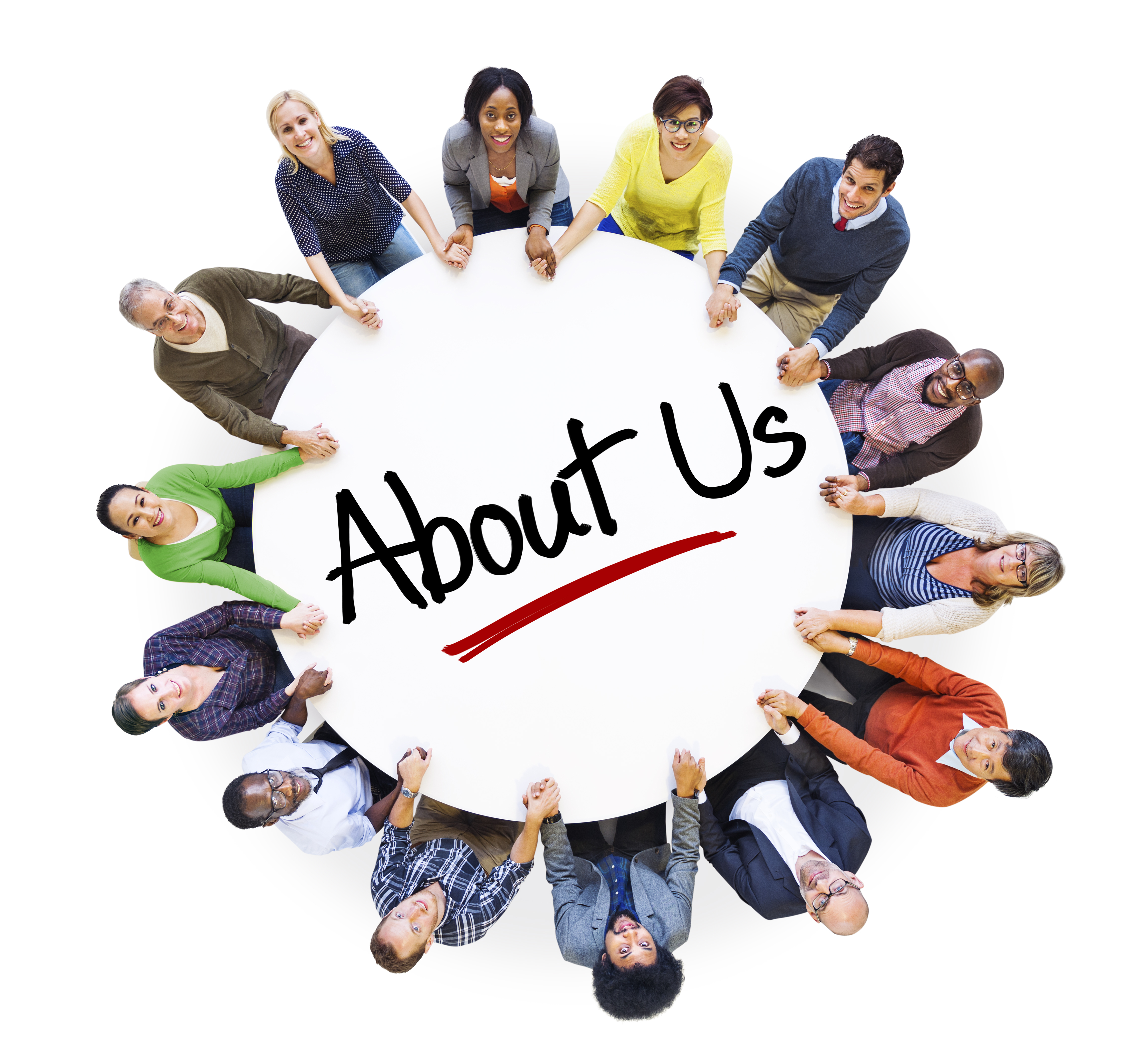Multiethnic People in Circle with "About Us" Concept